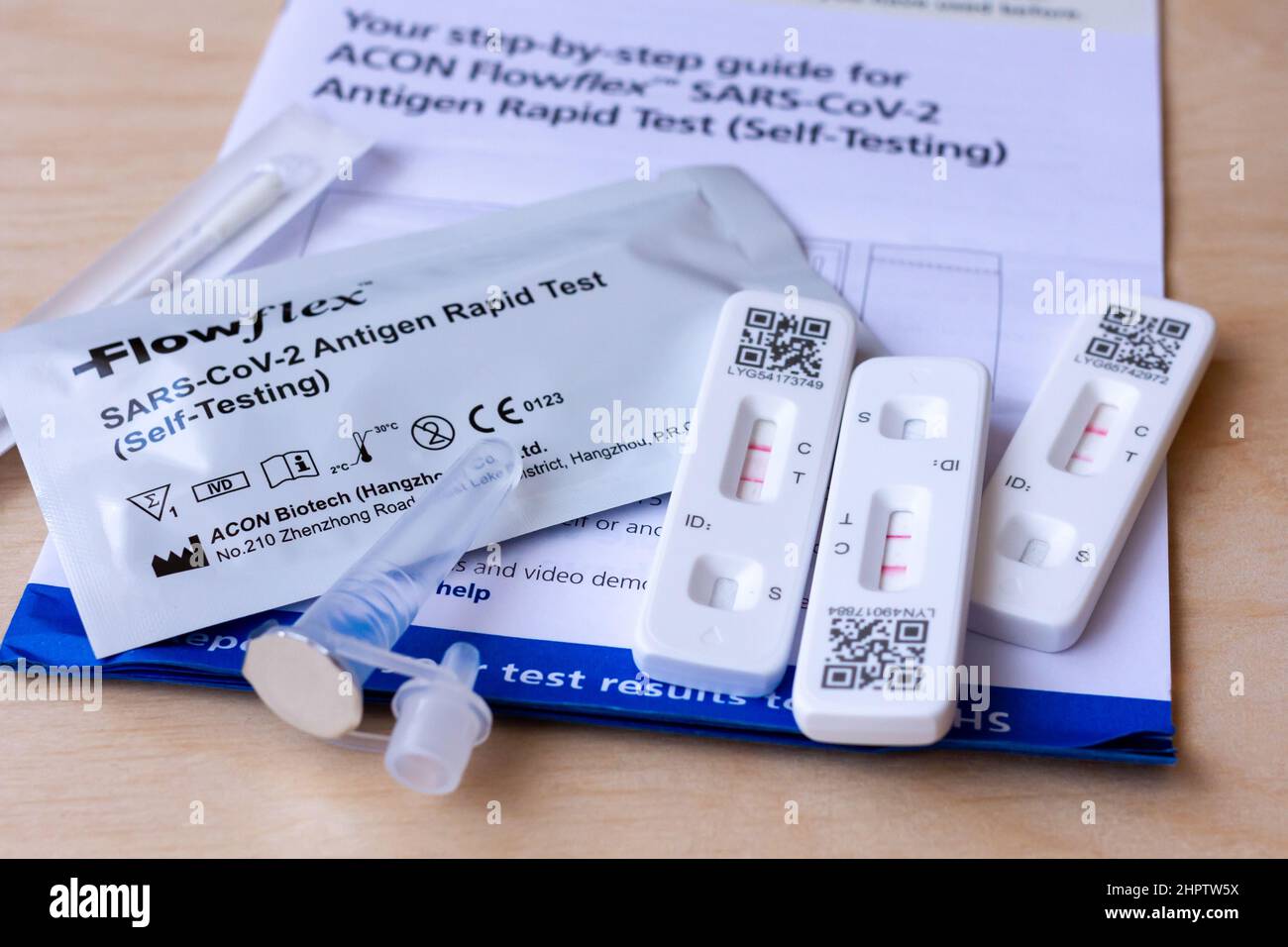 Covid19 Lateral Flow Home Testing Kit Flowflex, NHS England. Three Positive Results Stock Photo