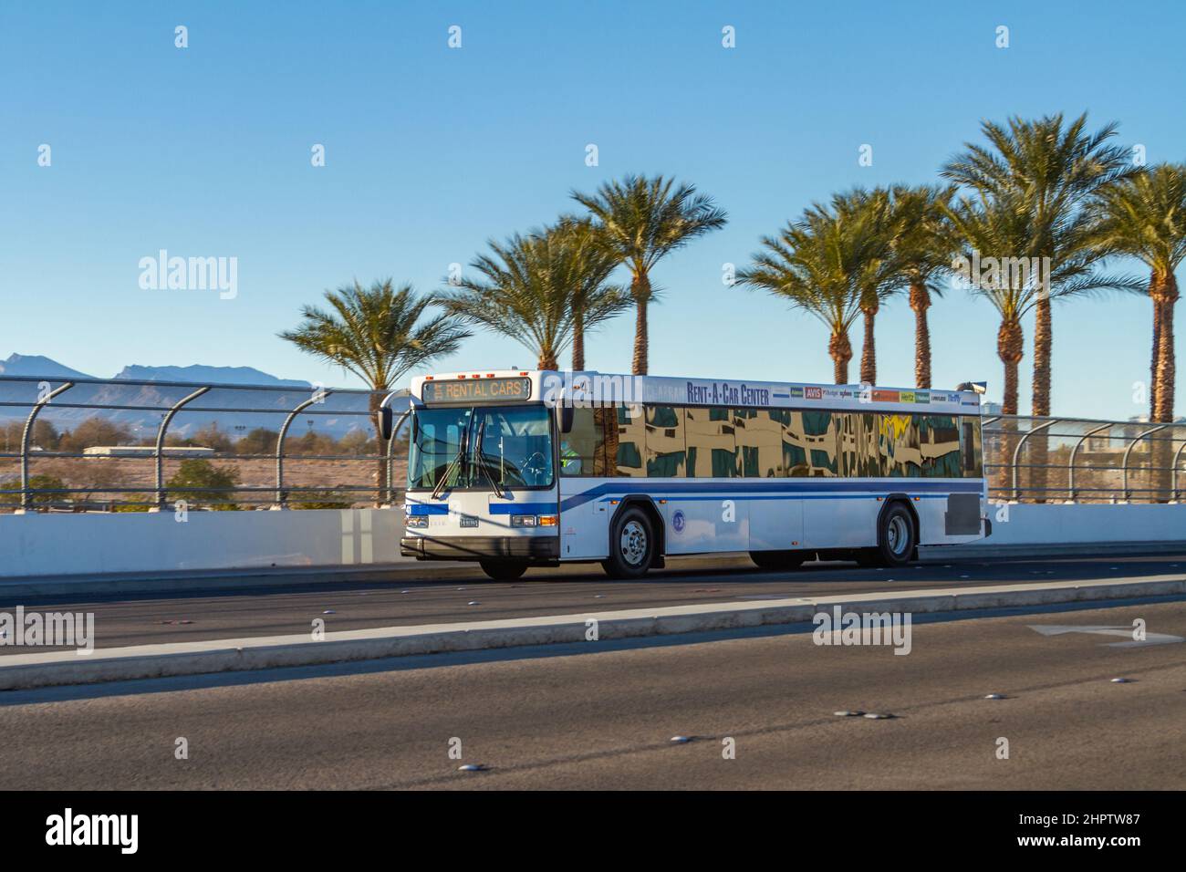 Las Vegas, NV, USA February 17, 2022 McCarran Airport bus shuttle on
