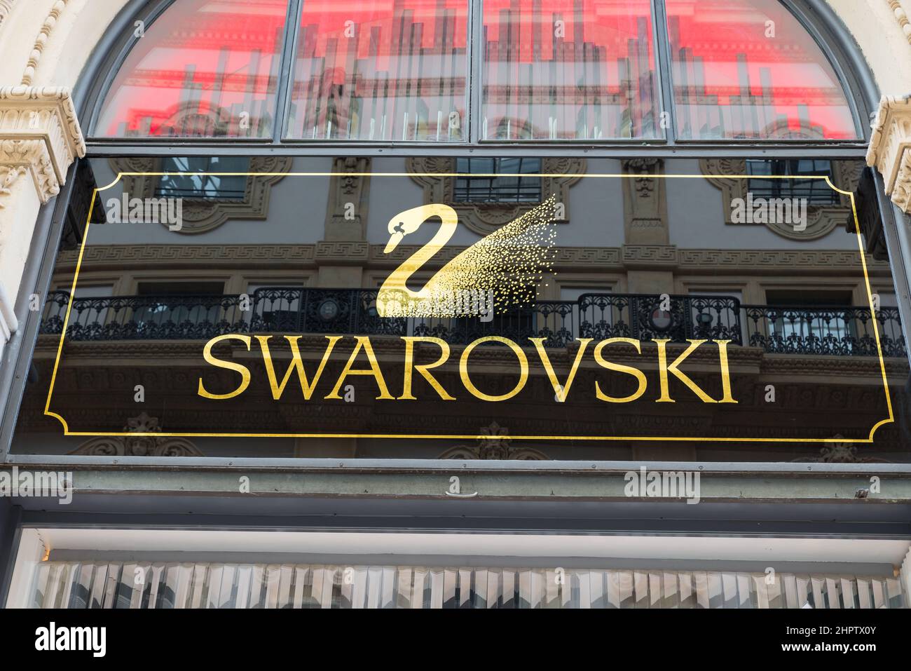 Swarovski sign at the entrance of a shop Stock Photo