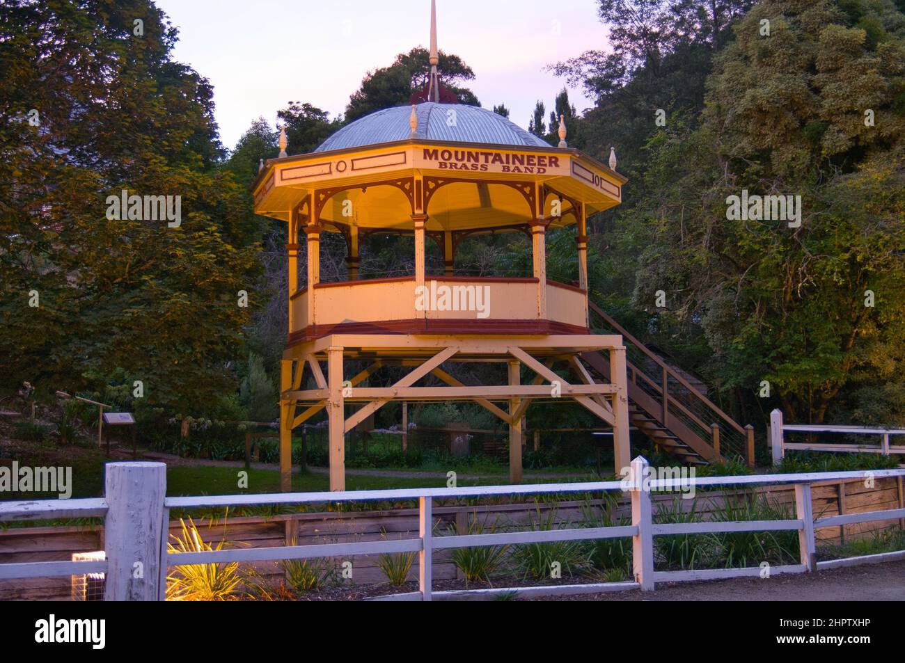 Traditional wooden bandstand in the evening, in the former gold mining town of Walhalla, Victoria, Australia. Stock Photo
