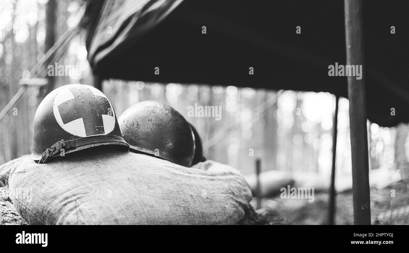 Metal Helmets Of United States Army Infantry Soldier At World War II ...