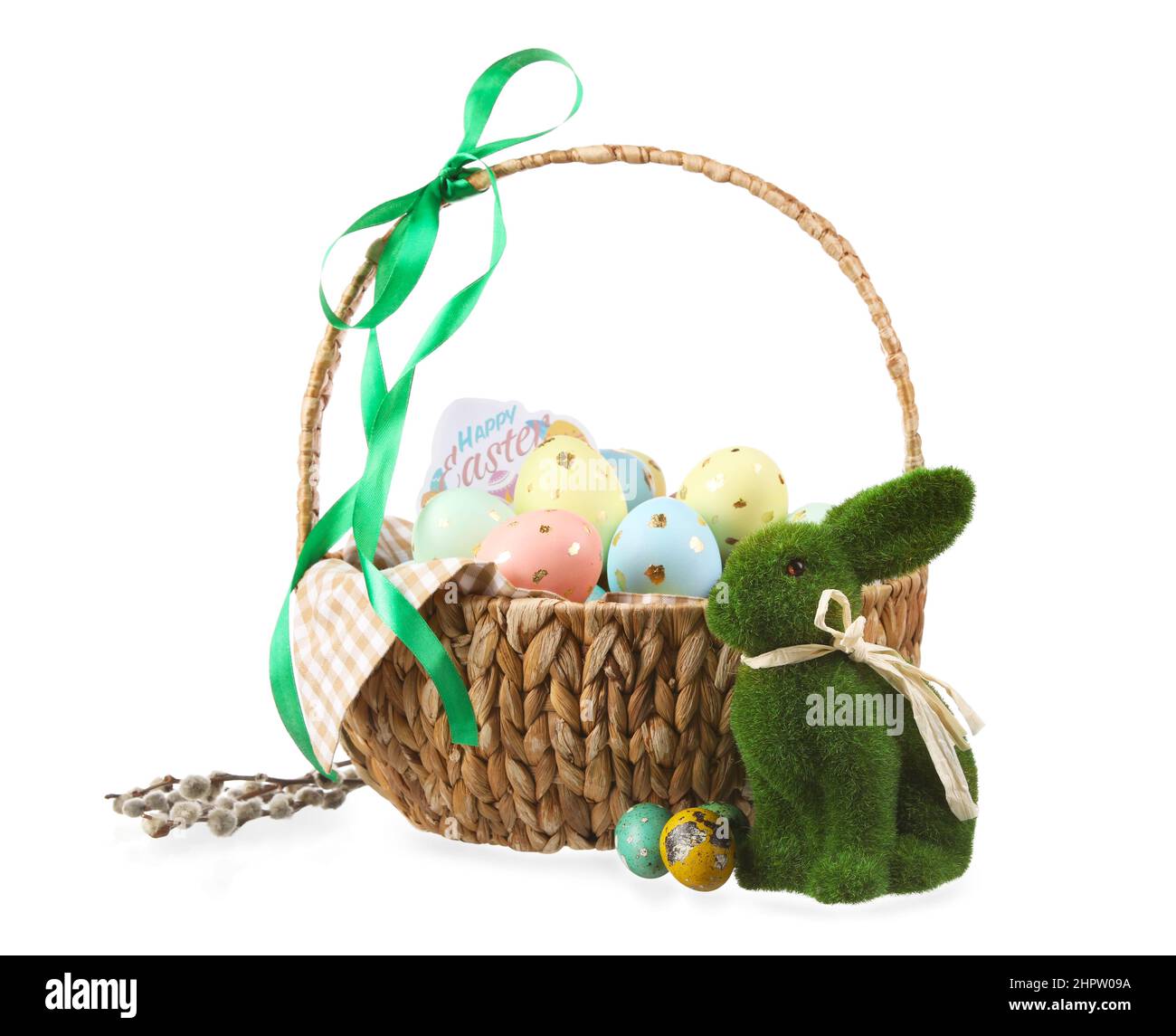 Basket with painted Easter eggs, bunny and willow branches on white ...