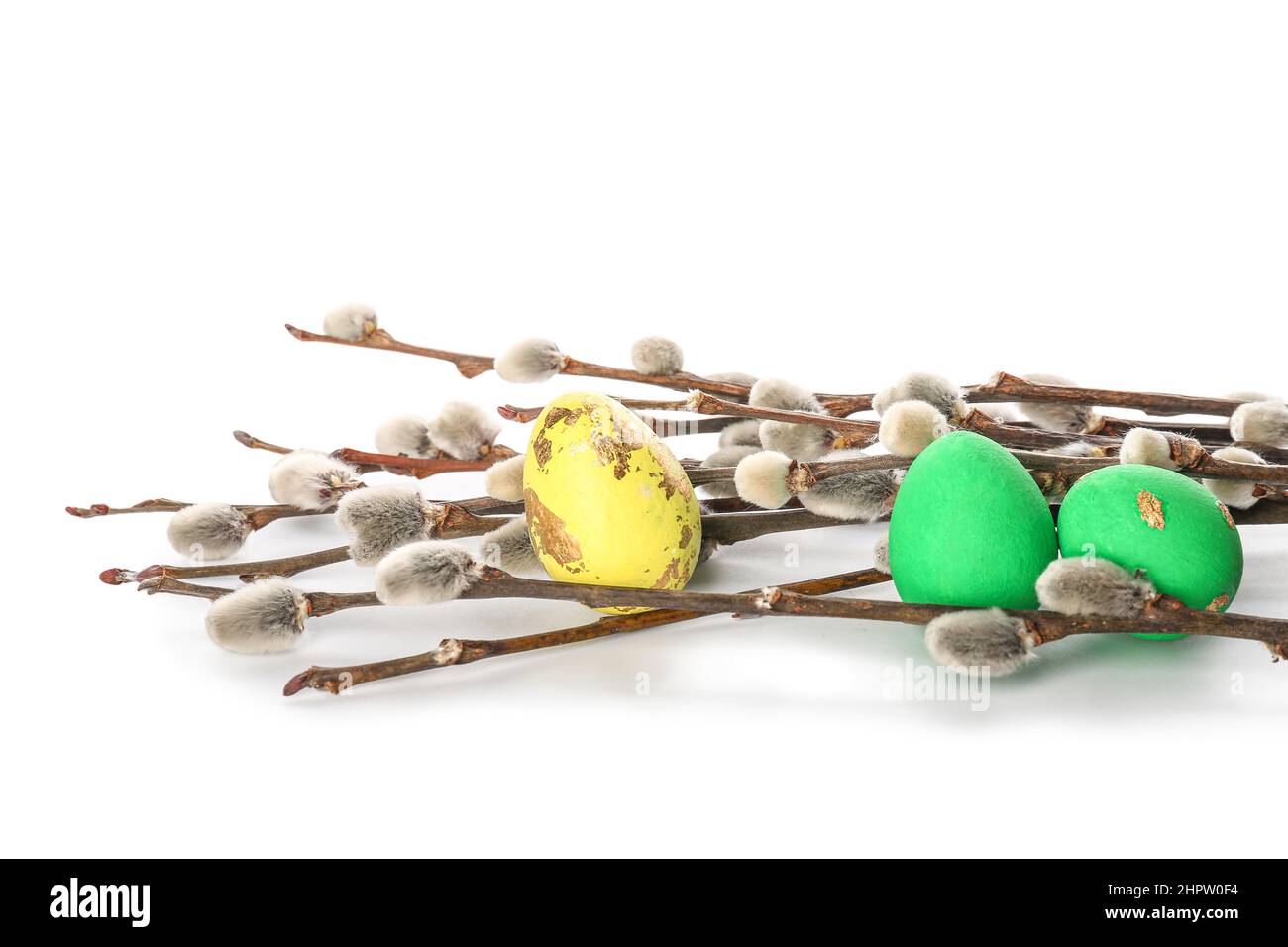 Painted Easter eggs and pussy willow branches on white background Stock ...