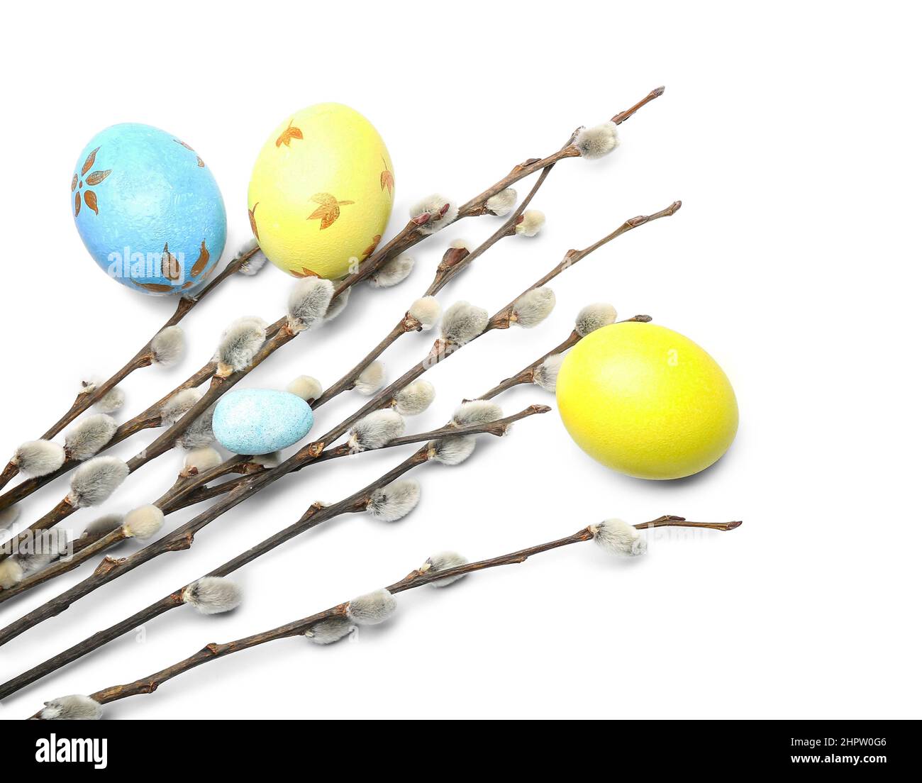Painted Easter eggs and pussy willow branches on white background Stock ...