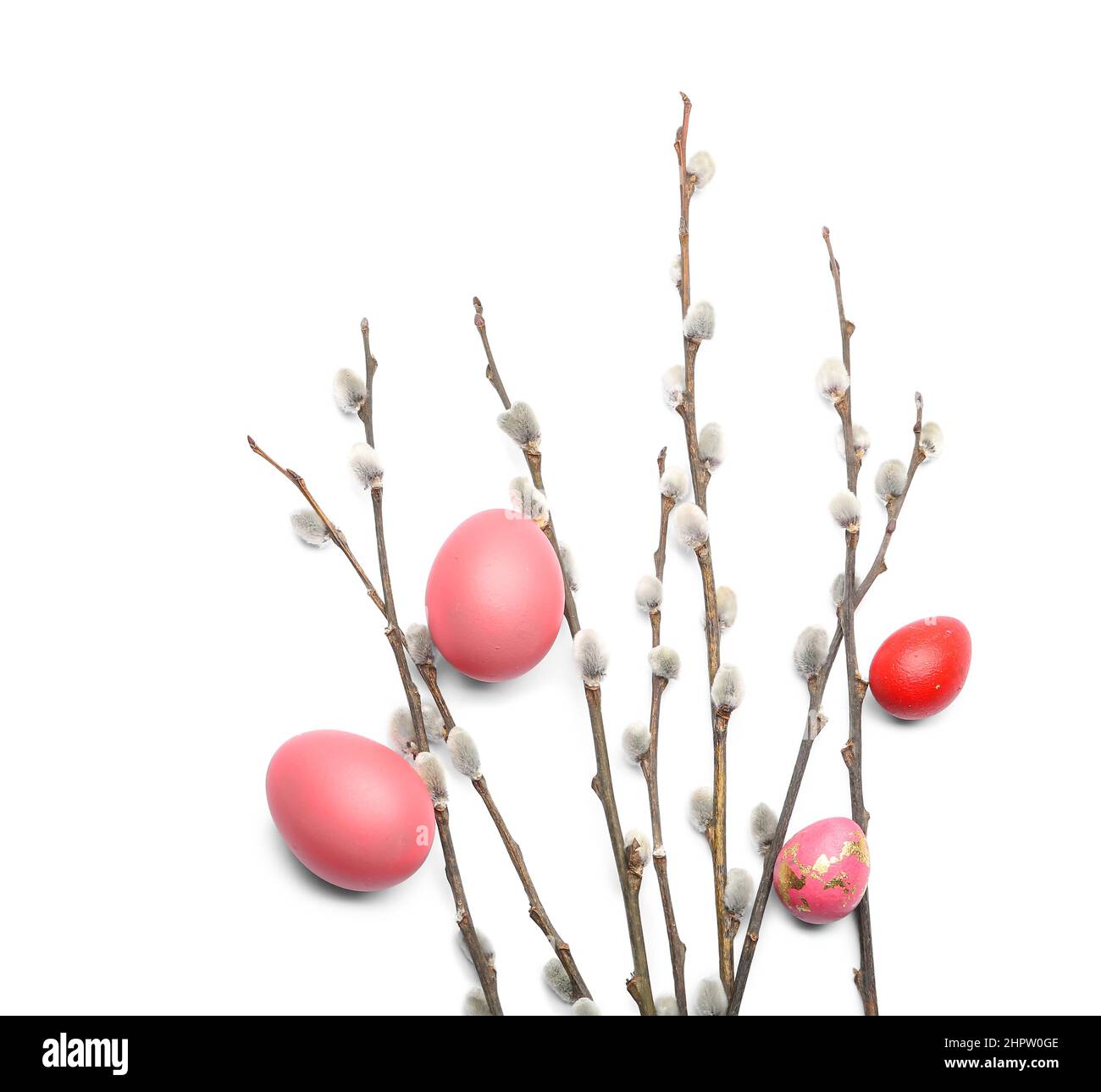 Painted Easter eggs and pussy willow branches on white background Stock ...