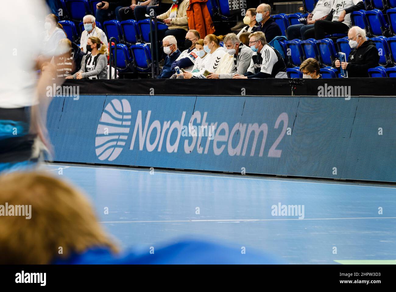 Kiel, Germany. 23rd Feb, 2022. Handball: Champions League, THW Kiel -  Montpellier HB, Group Stage, Group A, Matchday 12, Wunderino Arena. The  "Nord Stream 2" logo is displayed on a digital advertising