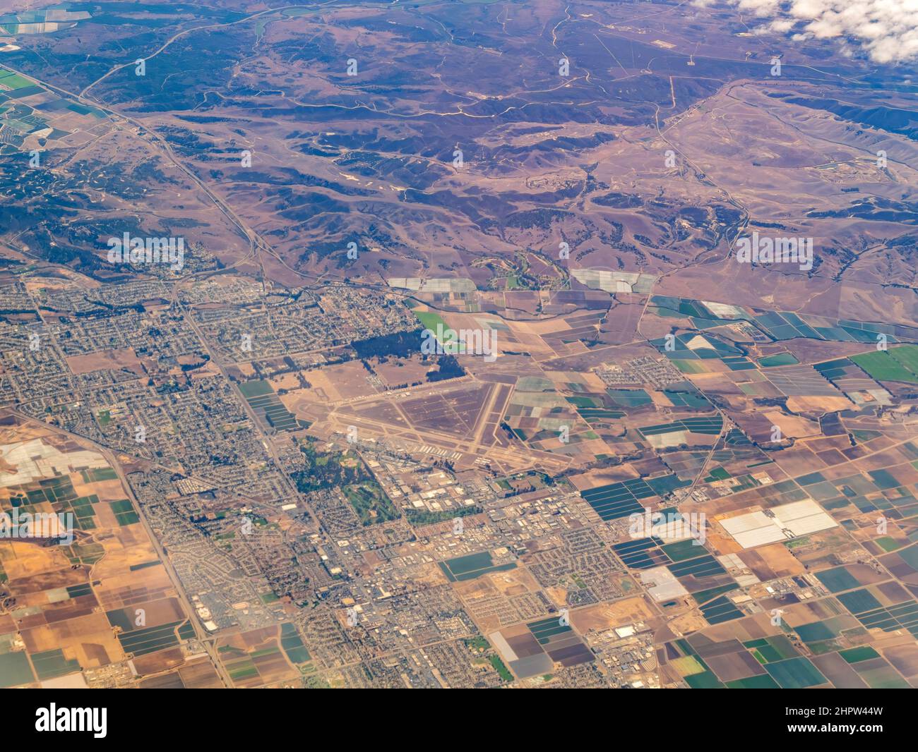 Aerial view of the Santa Maria Airport and cityscape at California