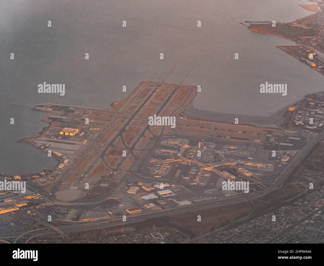 Sunset aerial view of the San Francisco Bay and cityscape at California