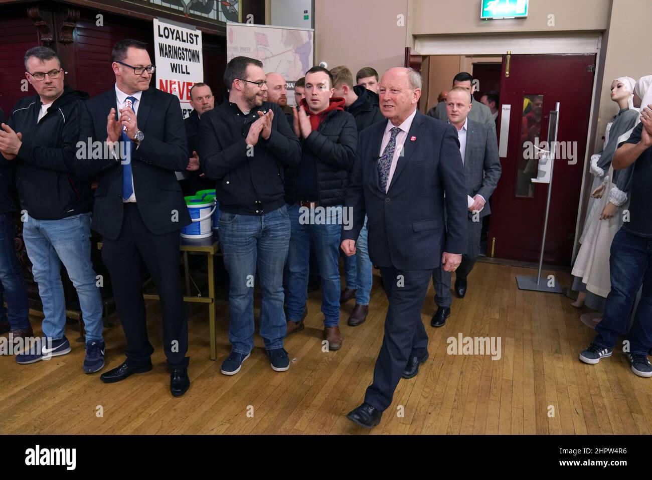 TUV leader Jim Allister (centre-left) and Jamie Bryson takes part in a rally against the Northern Ireland Protocol at Carlton Street Orange Hall, Portadown, in County Armagh, Northern Ireland. Picture date: Wednesday February 23, 2022. Stock Photo