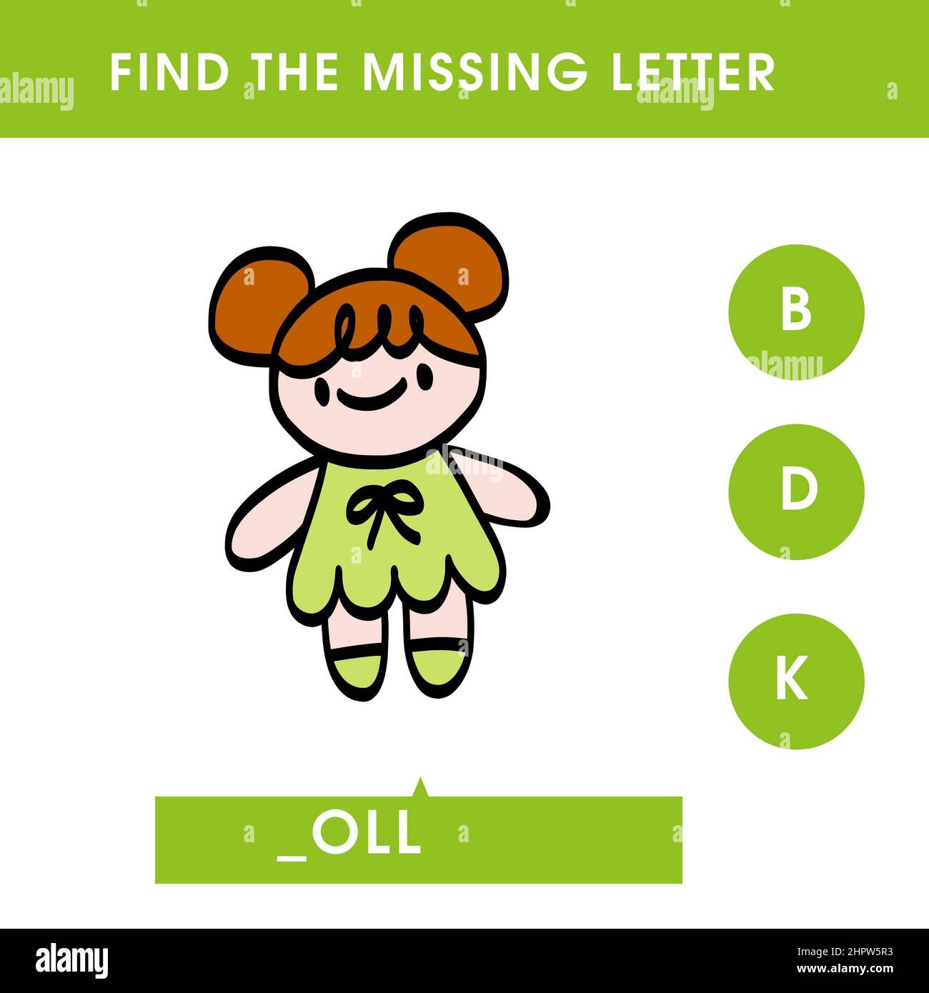 Find the missing letter. English grammar game for preschoolers. Spelling worksheet for kids with cute small doll. Stock Photo