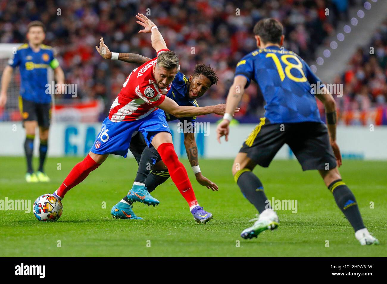 MADRID, SPAIN - FEBRUARY 23: Hector Herrera of Club Atletico de Madrid, Fred of Manchester United during the UEFA Champions League match between Club Atlético de Madrid and Manchester United at the Estadio Metropolitano on February 23, 2022 in Madrid, Spain (Photo by DAX Images/Orange Pictures) Stock Photo