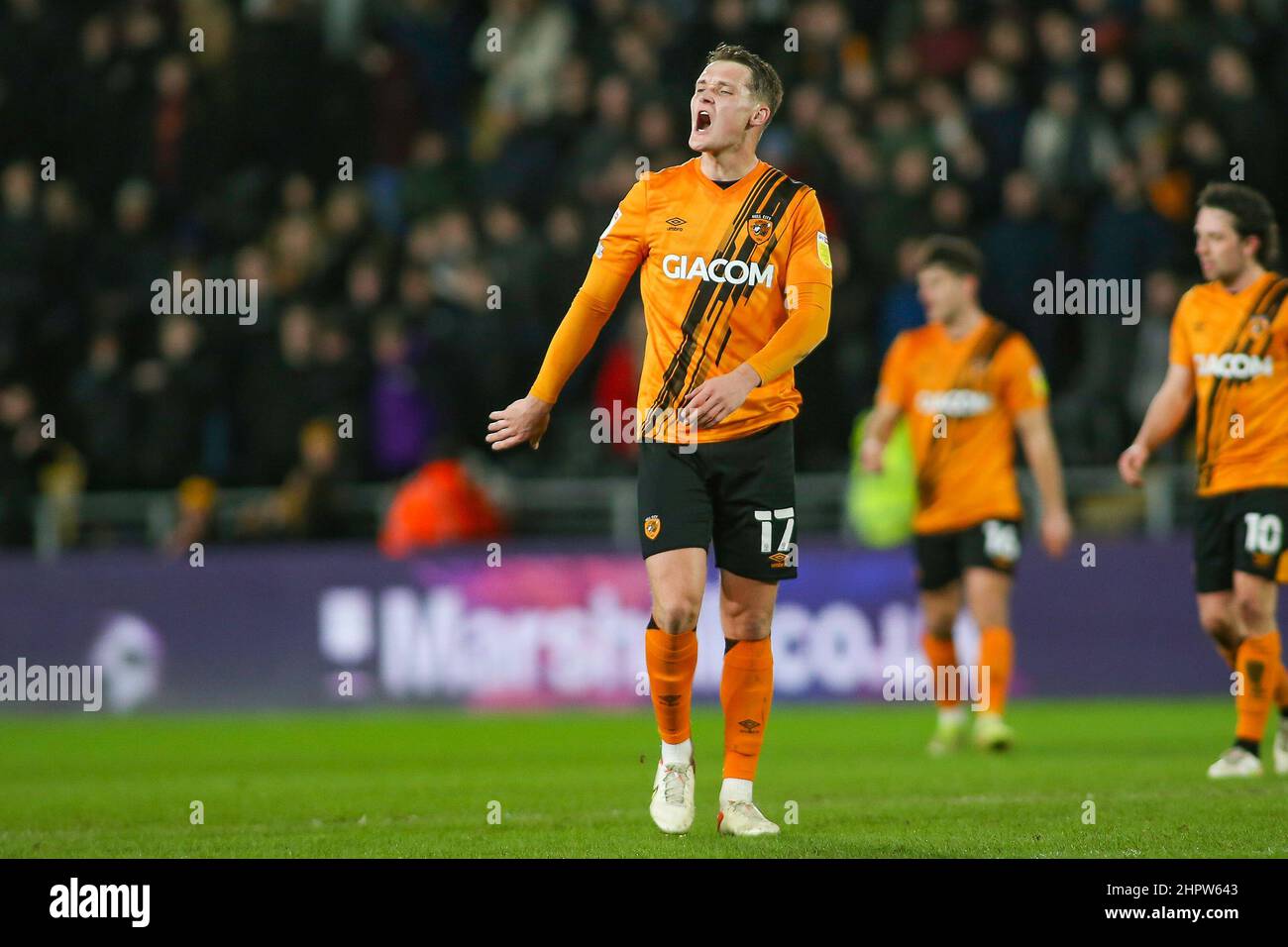 Kingston Upon Hull, UK. 22nd Feb, 2022. Hull City #17 Sean McLoughlin bellows instructions during the EFL Sky Bet Championship match between Hull City and Barnsley at the KCOM Stadium, Kingston upon Hull, England on 22 February 2022. Photo by Simon Hall. Editorial use only, license required for commercial use. No use in betting, games or a single club/league/player publications. Credit: UK Sports Pics Ltd/Alamy Live News Stock Photo