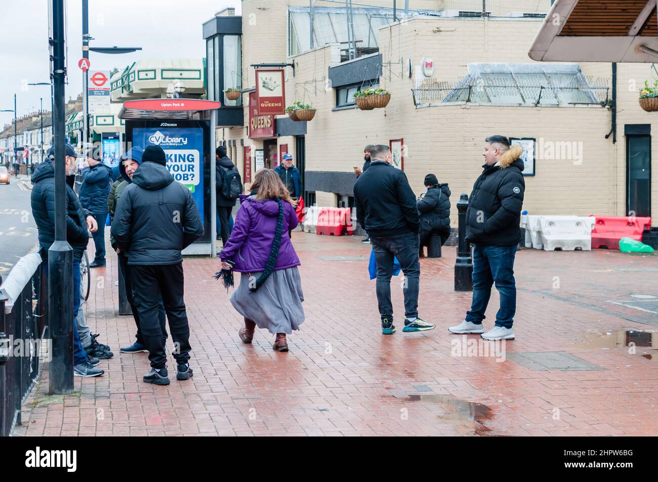 Eastern Europe men  meeting place and communication between them on Sunday mornings on Queens Market, London Stock Photo