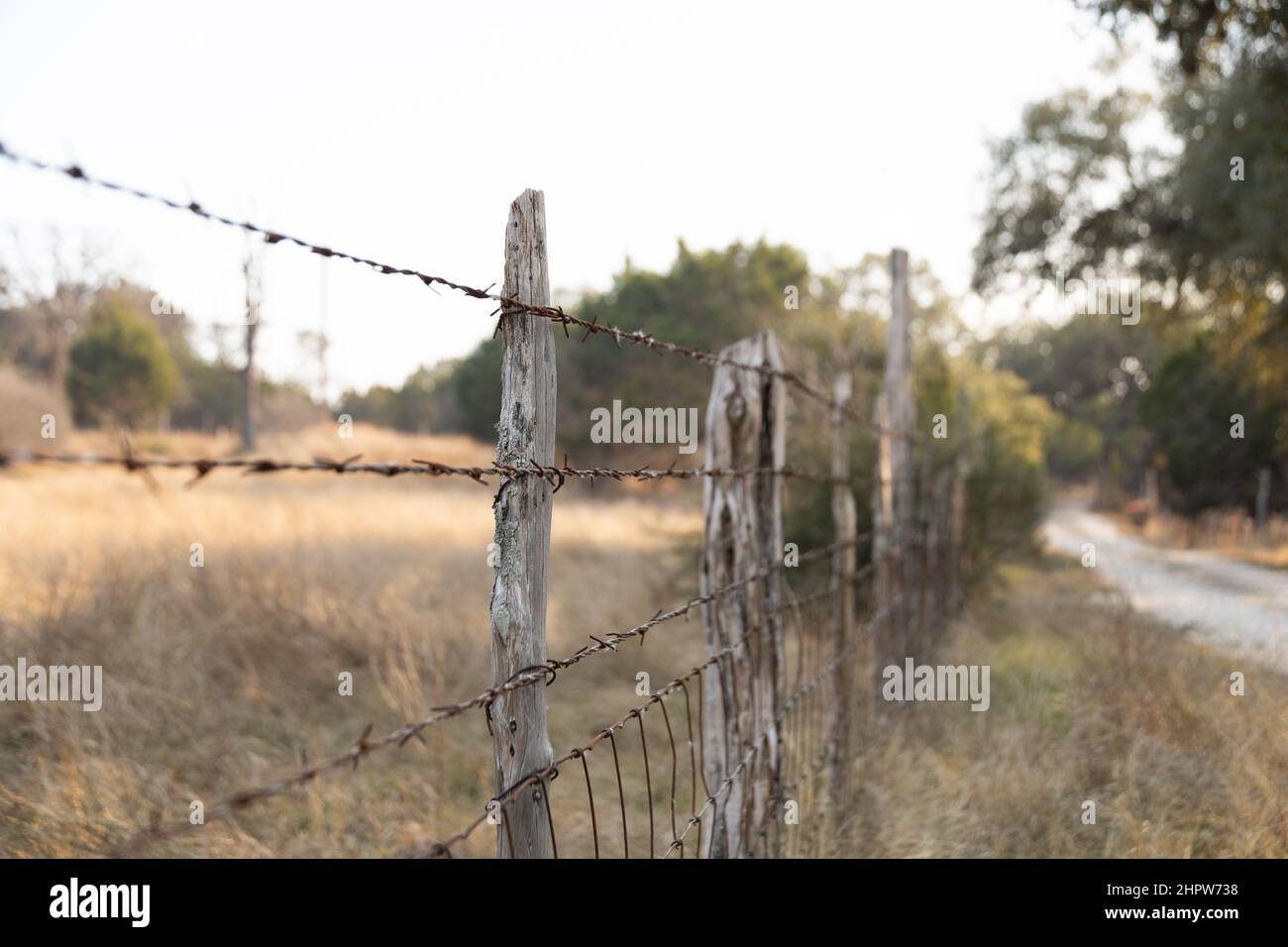 Fence with wood and barbed wire in the field in the village Stock Photo ...