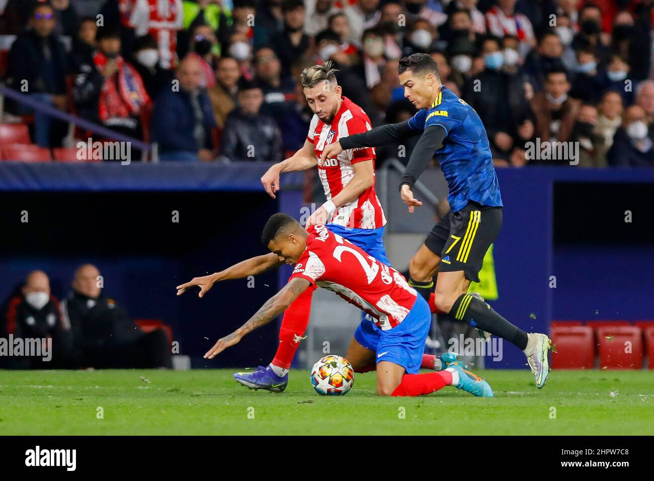 MADRID, SPAIN - FEBRUARY 23: Reinildo of Club Atletico de Madrid, Hector Herrera of Club Atletico de Madrid, Cristiano Ronaldo of Manchester United during the UEFA Champions League match between Club Atlético de Madrid and Manchester United at the Estadio Metropolitano on February 23, 2022 in Madrid, Spain (Photo by DAX Images/Orange Pictures) Stock Photo