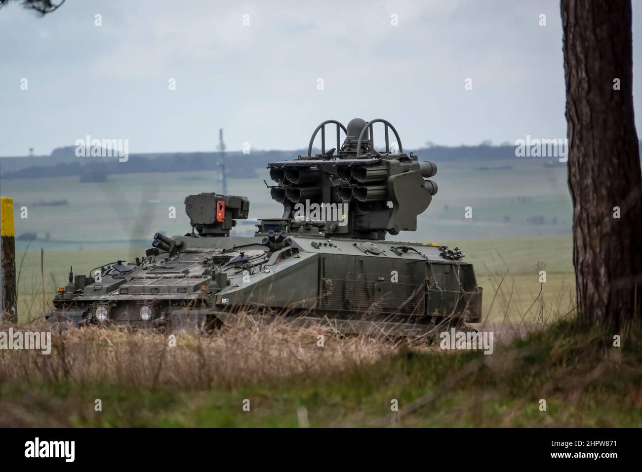 British Army Alvis Starstreak Stormer CVRT tracked armoured vehicle on military exercise, equipped with the short range HVM air defense missile system Stock Photo