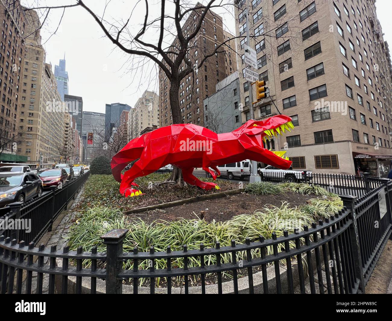 New York, United States. 23rd Feb, 2022. Rexor the Tyrannosaurus Rex by artist Idriss B. stands in the flower bed mall in between Park Avenue in New York on Feb. 23, 2022. Rexor is part of an outdoor art installation supported by Patrons of Park Avenue, a neighborhood association in the Murray Hill neighborhood of New York. (Photo by Samuel Rigelhaupt/Sipa USA ) Credit: Sipa USA/Alamy Live News Stock Photo