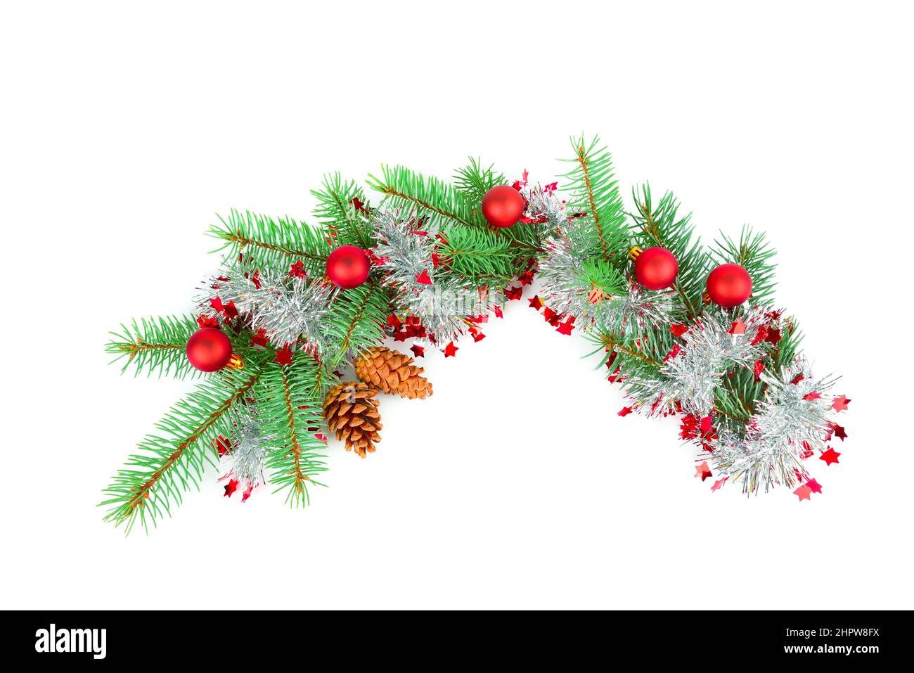 Christmas decoration baubles with branches of fir tree on white ...