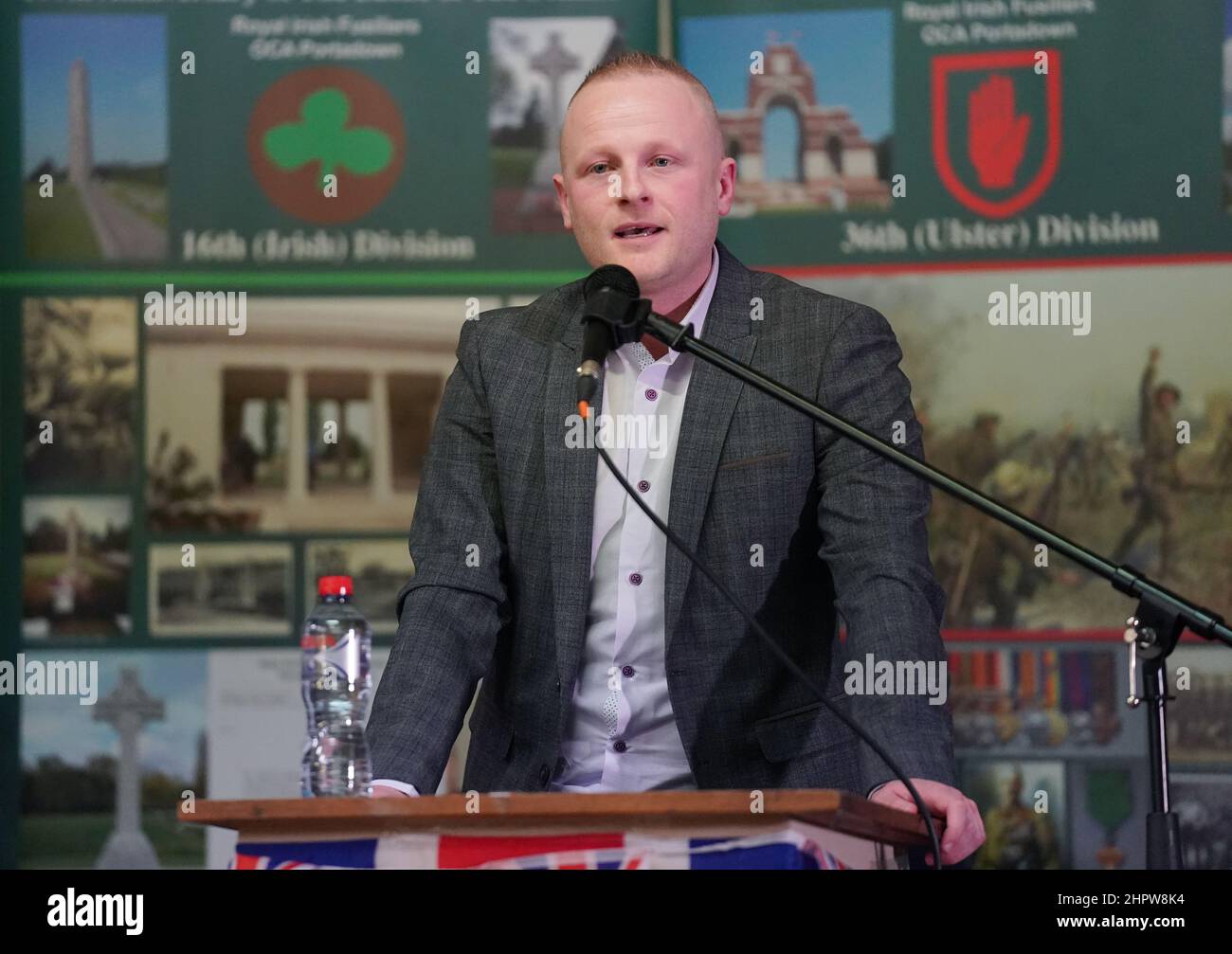 Jamie Bryson takes part in a rally against the Northern Ireland Protocol at Carlton Street Orange Hall, Portadown, in County Armagh, Northern Ireland. Picture date: Wednesday February 23, 2022. Stock Photo