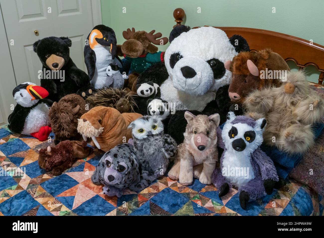 Portrait of a group of stuffed animals on a bed. Stock Photo