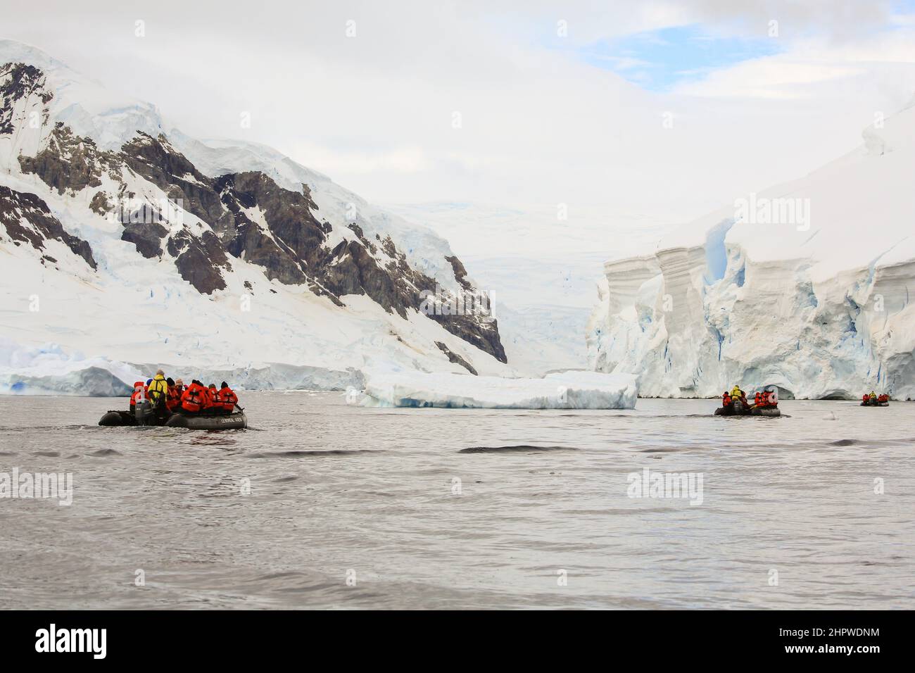 Zodiac boat excursion in Wilhelmina Bay, Antarctica, to view glacier