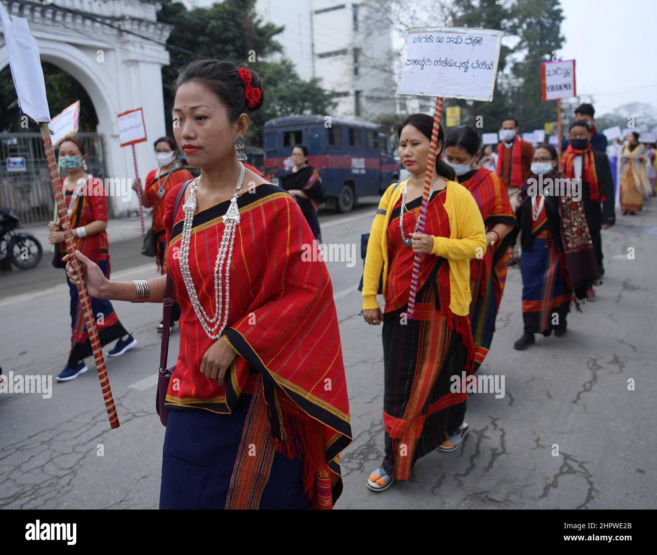 People from different tribes and school students take part in a rally on the occasion of 'International Mother Language Day', organised jointly by the Government of Tripura and the Assistant Bangladesh High Commission at Agartala. India. Stock Photo