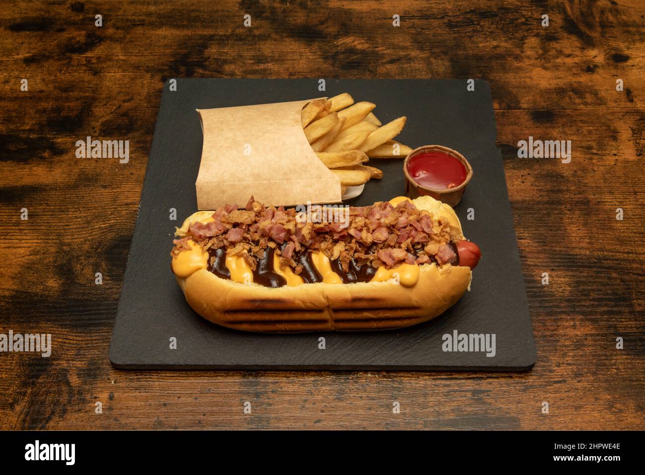 The hot dog, also called complete, hot dog, jocho, shuco or bread with dog, is a food in the form of a sandwich that is generated with the combination Stock Photo