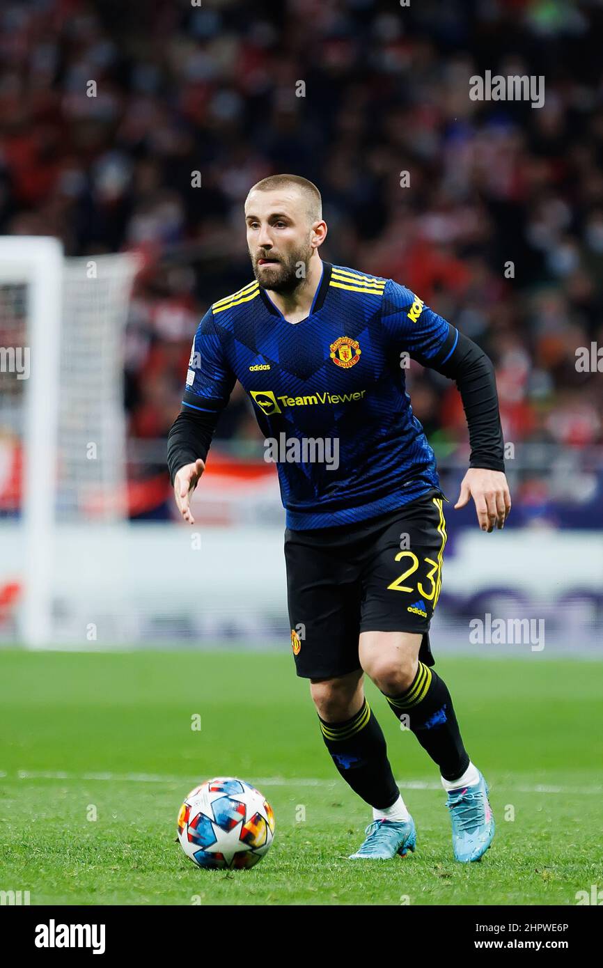 Madrid, Spain. 23th Feb, 2022.  Luke Shaw. in action at the Uefa Champions League match between Club Atletico de Madrid and Manchester United at the Metropolitano Stadium in Madrid, Spain. Credit: Christian Bertrand/Alamy Live News Stock Photo
