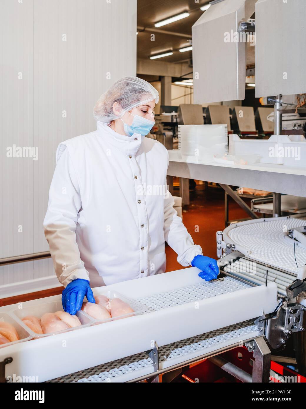 Meat processing plant.Industrial equipment at a meat factory.Modern