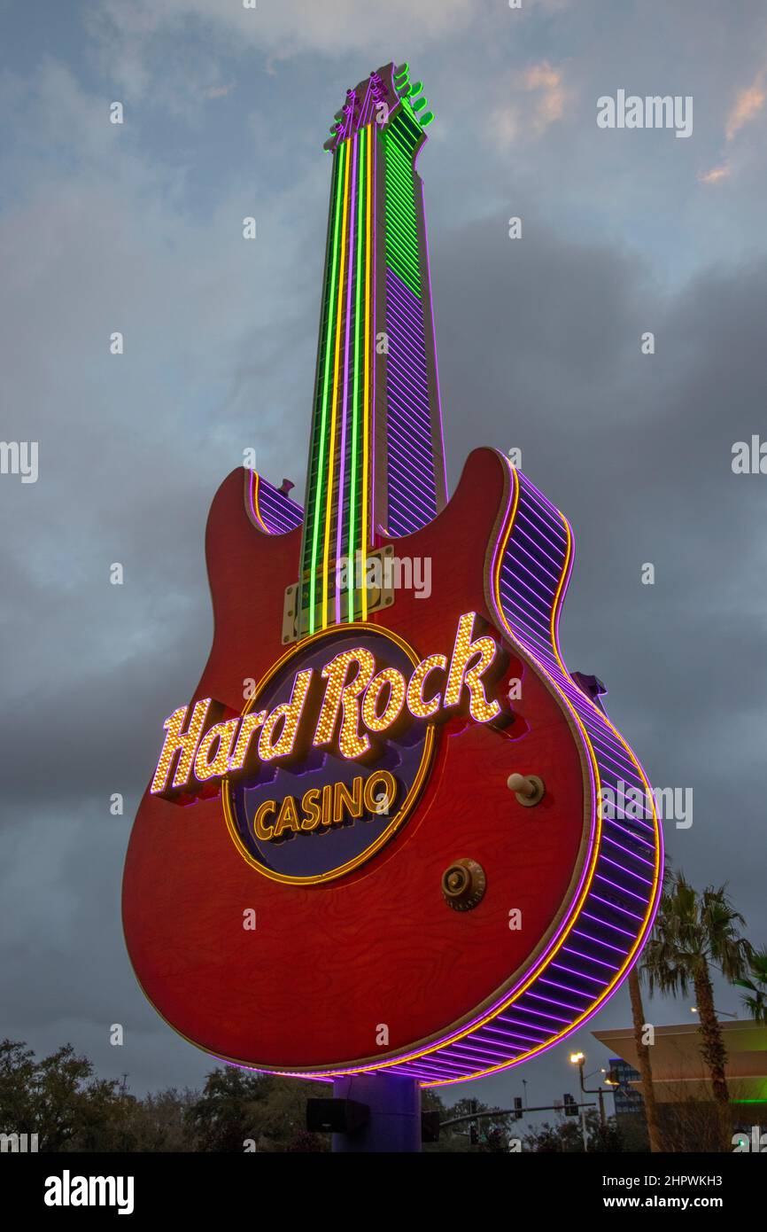 USA Mississippi MS Biloxi Gulf Coast, the Hard Rock Hotel and Casino at dusk with neon guitar Stock Photo
