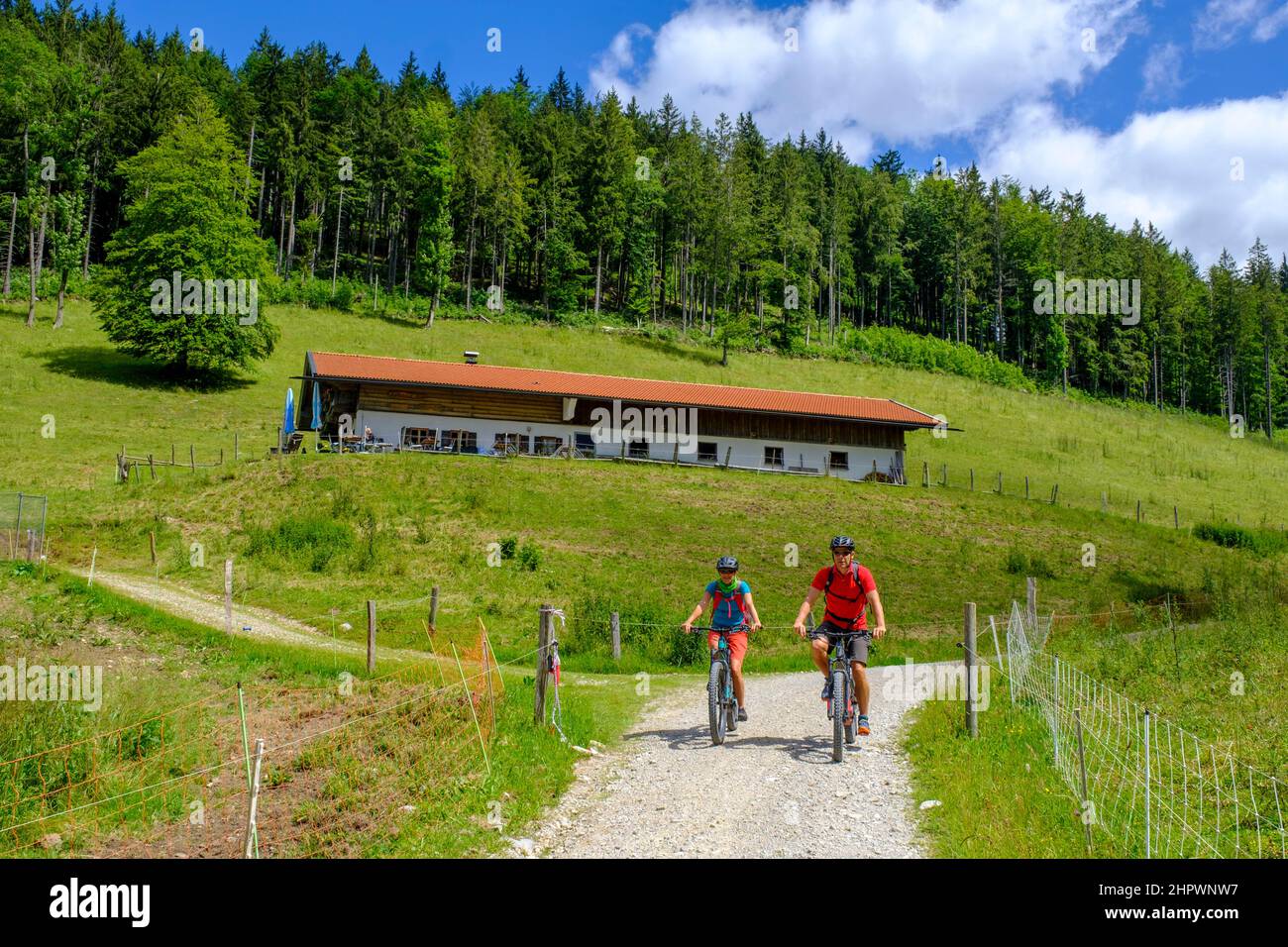 Mountain biker, Kuehzaglalm, Alm, Tegernsee, Upper Bavaria, Bavaria, Germany Stock Photo