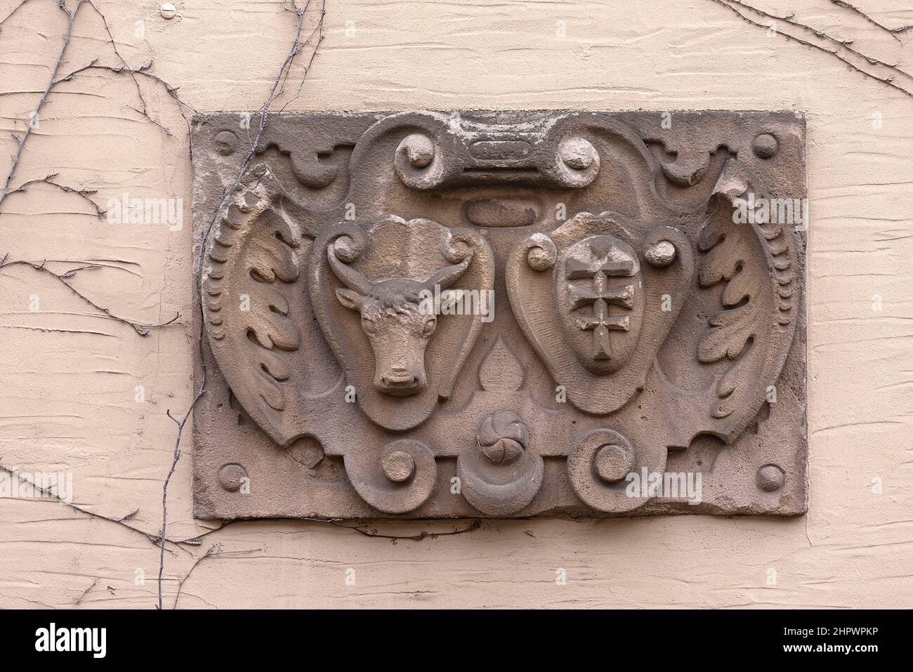 Baroque sandstone relief with two representations of coats of arms, 17th-18th century, Nuremberg, Middle Franconia, Bavaria, Germany Stock Photo