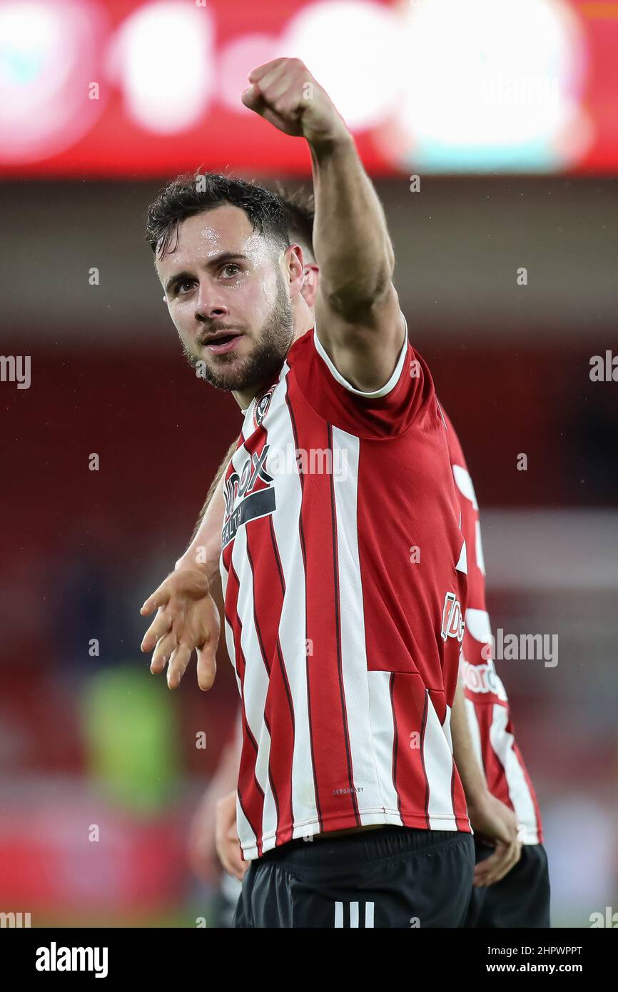 George Baldock #2 of Sheffield United punches his fist in the air to the supporters after the Sky Bet Championship match between Sheffield United and Blackburn Rovers at Bramall Lane Stock Photo