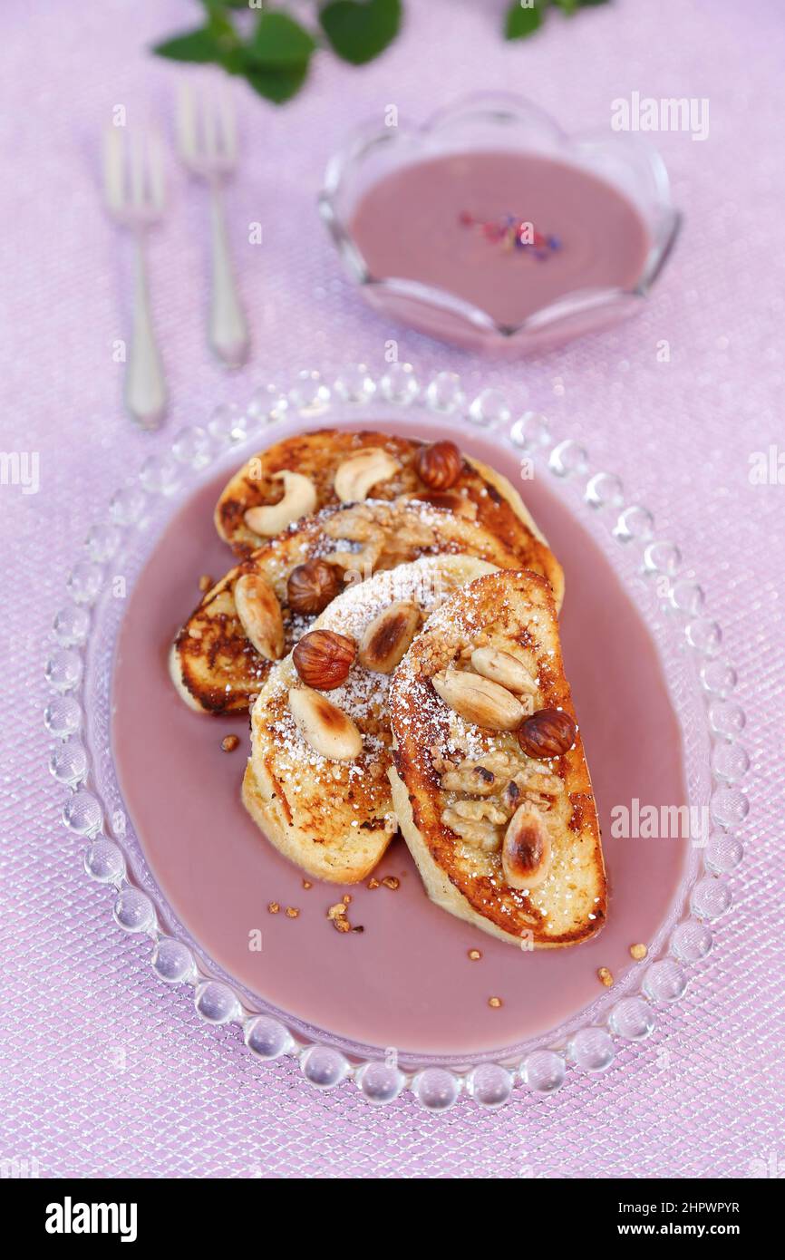 Swabian cuisine, French Toast with nuts and red wine sauce, bread baked