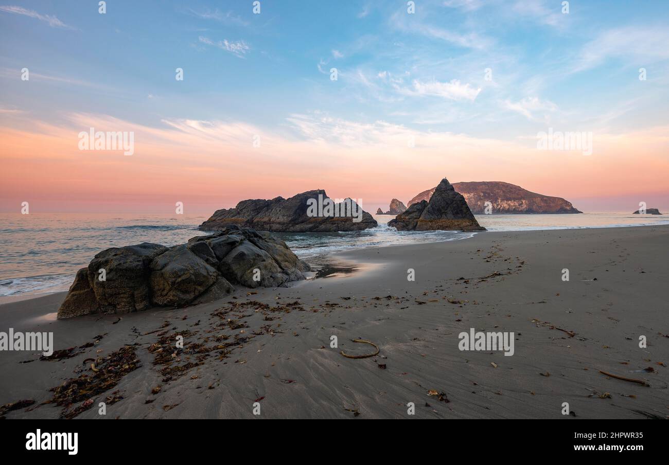Sandy beach beach Harris Beach with rocks at sunrise, Harris Beach State Park, Brookings, Oregon, USA Stock Photo