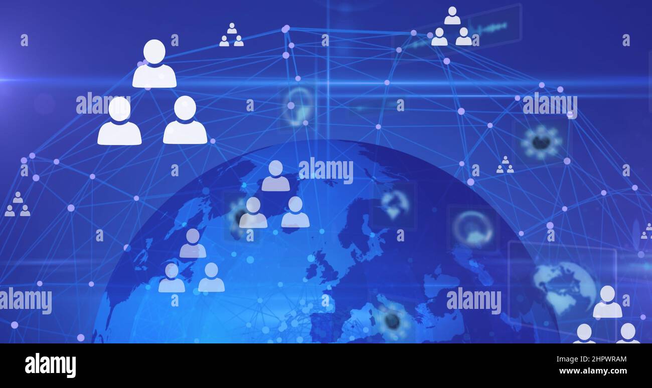 Multiple profile icons floating over network of connections and globe ...
