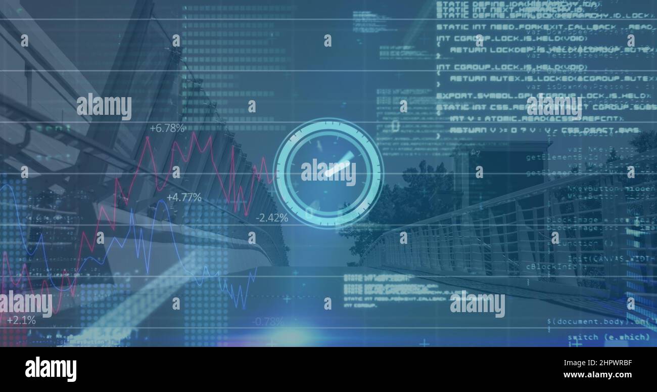Image of data processing on screens over cityscape Stock Photo - Alamy