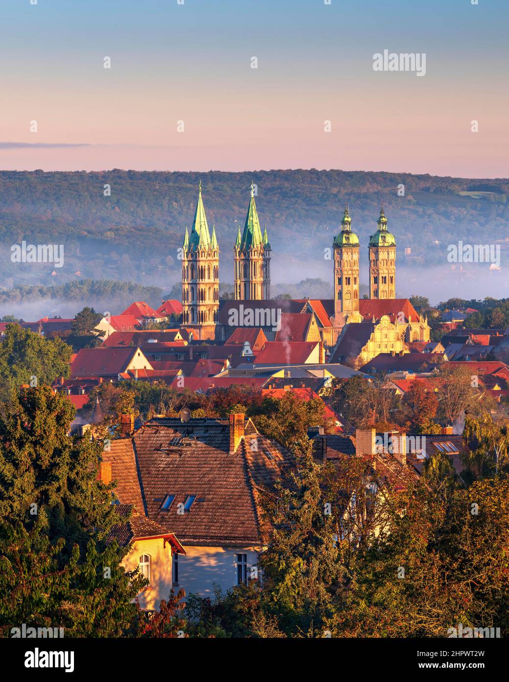 View of the Cathedral of St. Peter and Paul in the morning light, UNESCO World Heritage Site, morning mist in the Saale Valley, Naumburg Stock Photo
