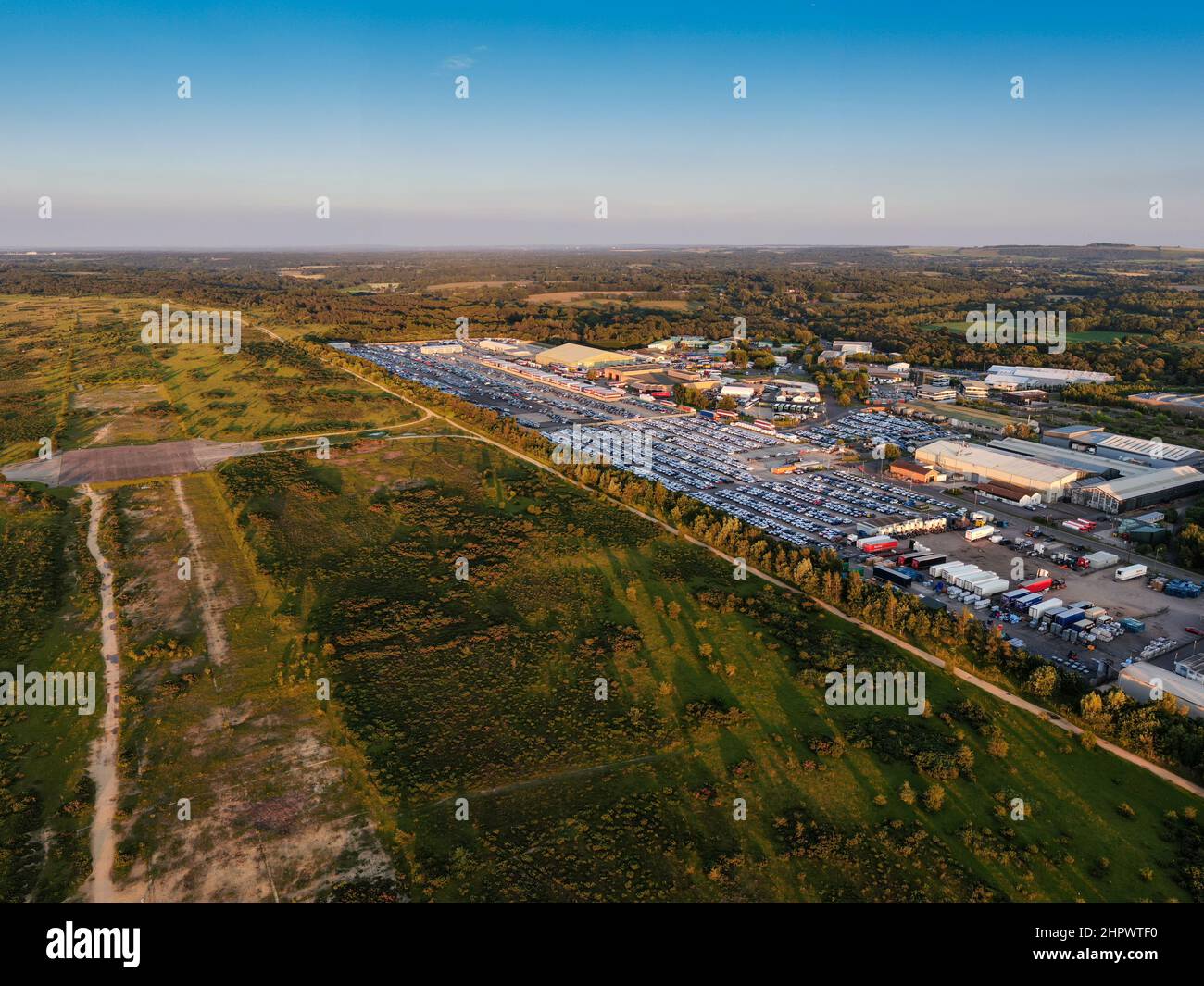 Aerial drone shot of car storage at RAF Greenham Common Stock Photo Alamy