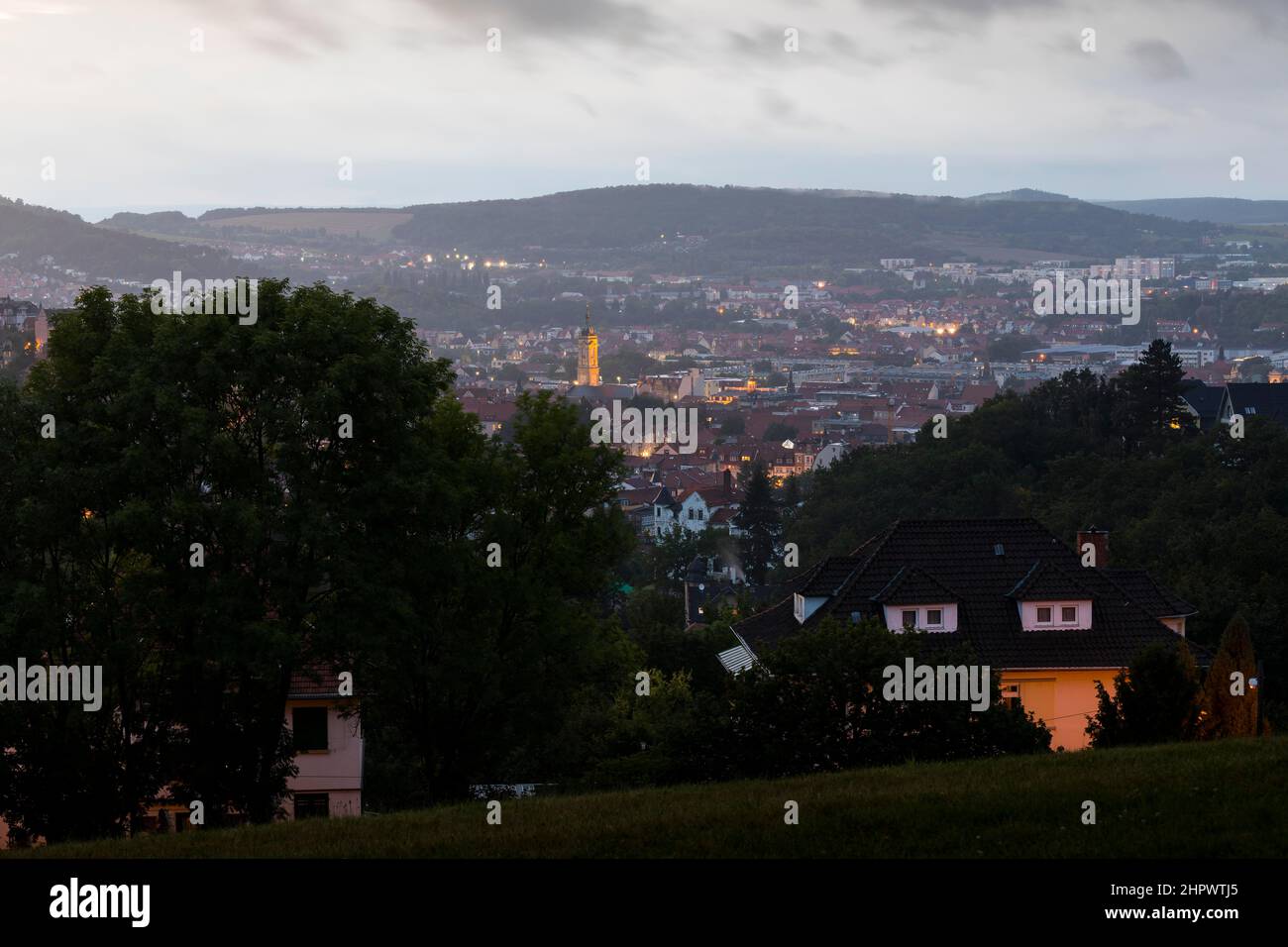 View of Eisenach from the Goepelskuppel with the tower of the Georgenkirche church, Thuringia, Germany Stock Photo