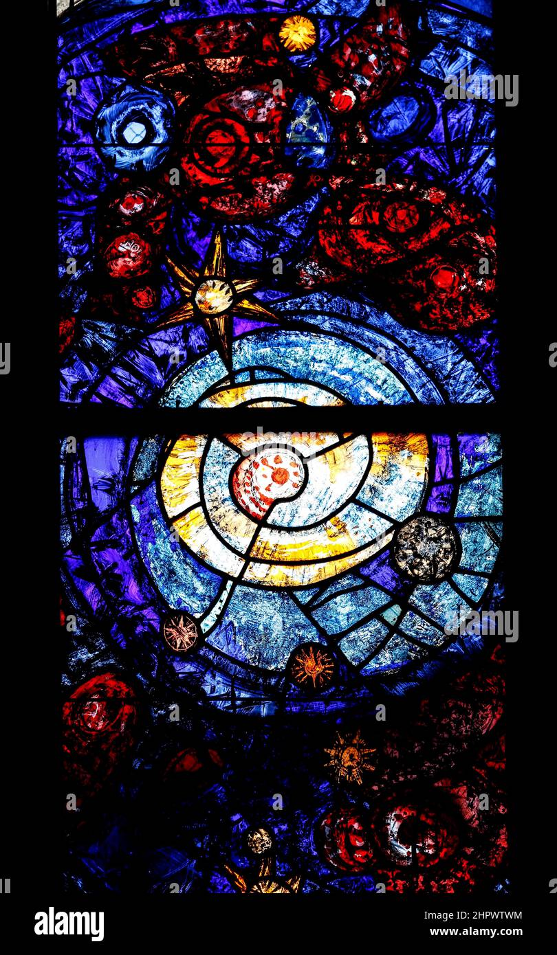 Window of Promise by Peter Valentin Feuerstein in Ulm Cathedral, Big Bang with Cosmos, detail, south window, stained glass window in the south porch Stock Photo