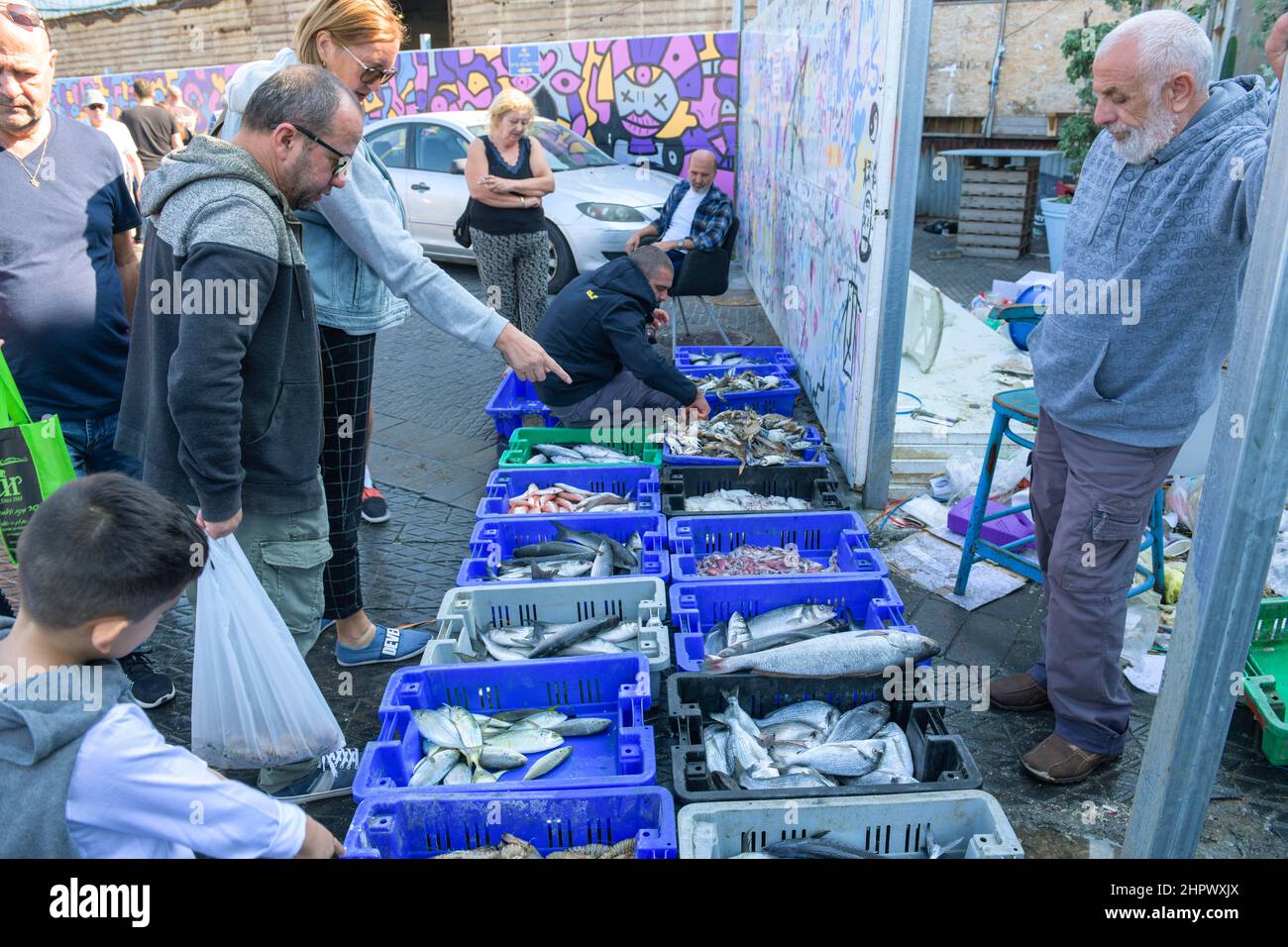 Fish sale, harbour pier, Jaffa, Tel Aviv, Israel Stock Photo
