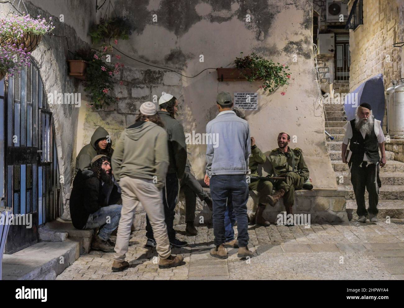 Men, Old City alleys, Safed, Israel Stock Photo