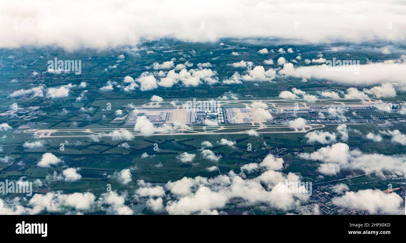 aerial of Munich Airport in the erdinger moos, Germany Stock Photo