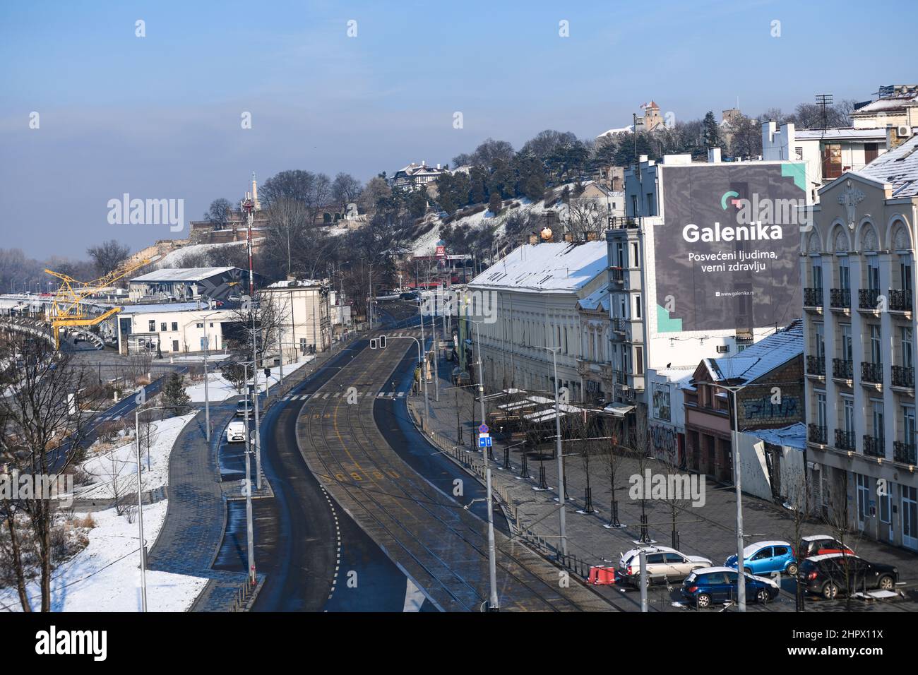 Belgrade: Karadjordjeva street and Sava riverbank during winter. Serbia Stock Photo