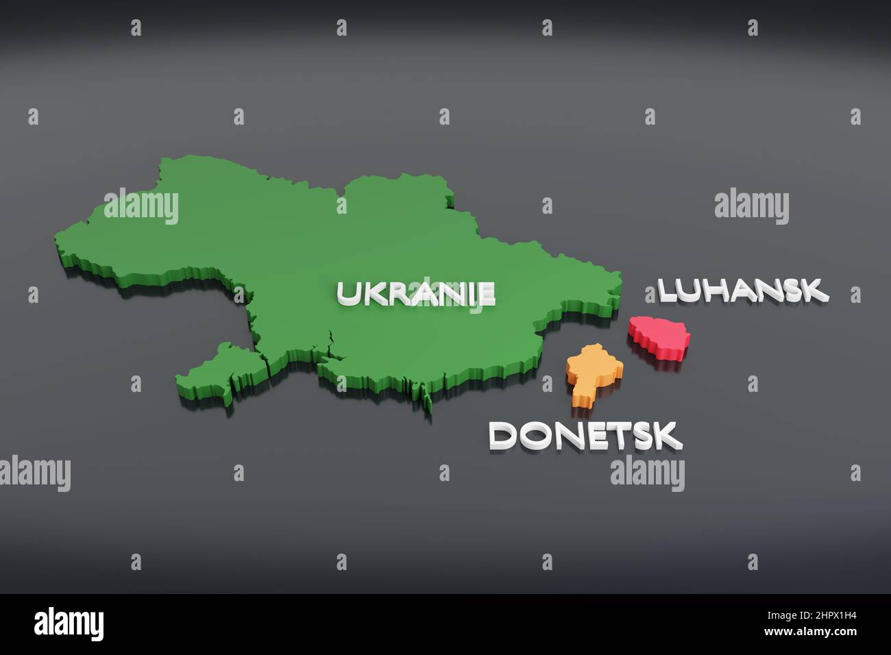 3d map of Ukraine and the two independent regions Donetsk and Luhansk. 3d illustration. Stock Photo
