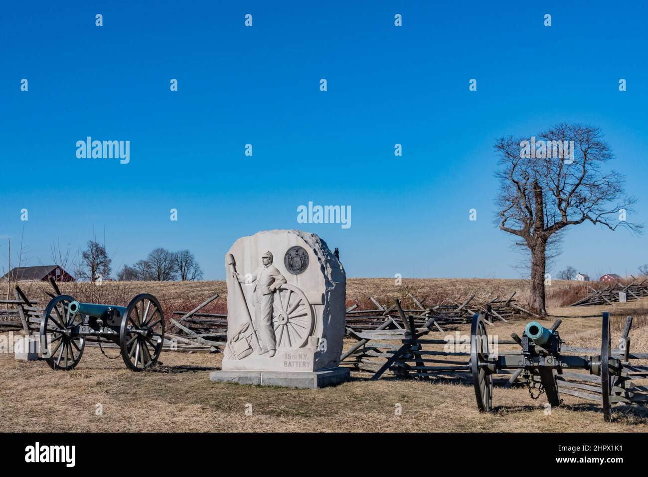 Monument to the 15th NY Artillery Battery, Gettysburg National Military Park, Pennsylvania, USA Stock Photo