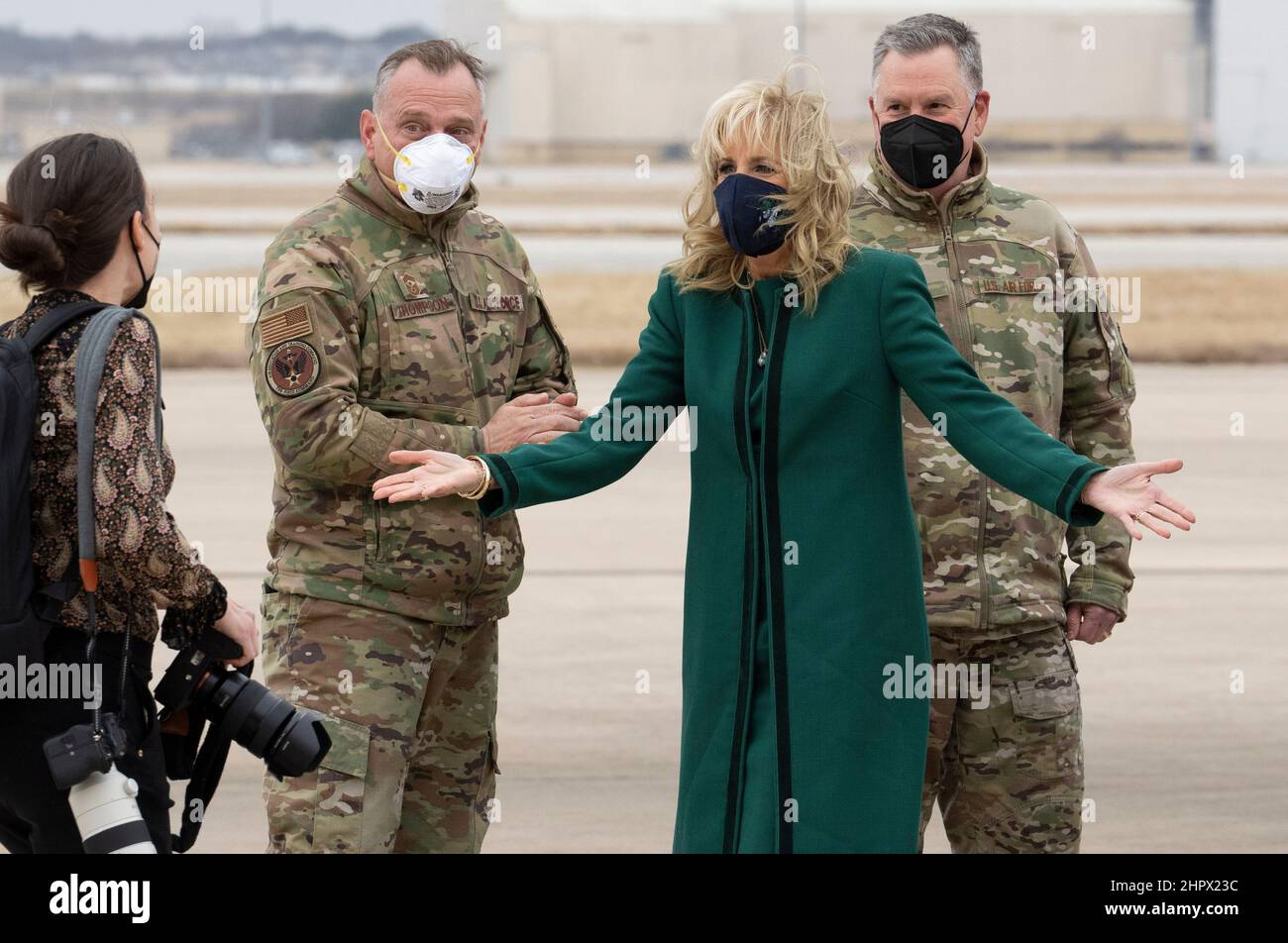 San Antonio Texas USA, Feb. 23, 2022: First Lady JILL BIDEN reacts to the bitter cold as she lands in San Antonio to visit the Mays Cancer Center while touring the UT Health MD Anderson Cancer Center. Biden listened to patients stories and heard from doctors on the front lines of the battle against cancer. Credit: Bob Daemmrich/Alamy Live News Stock Photo