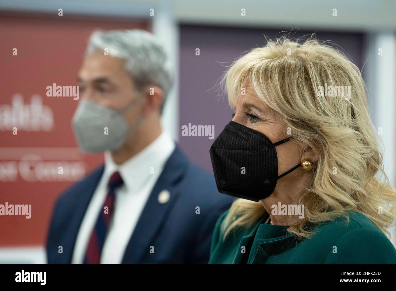 First Lady JILL BIDEN, right, stands with San Antonio Mayor RON NIRENBERG as she visits the Mays Cancer Center and gives her a hug during a tour of the UT Health MD Anderson Cancer Center. Biden listened to patients stories and heard from doctors on the front lines of the battle against cancer. Credit: Bob Daemmrich/Alamy Live News Stock Photo