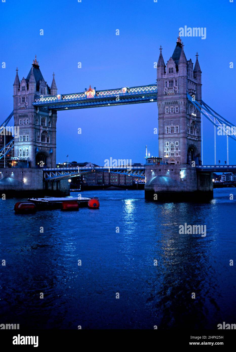 London Tower Bridge and River Thames in the Evening Blue Hour, London, United Kingdom. Stock Photo